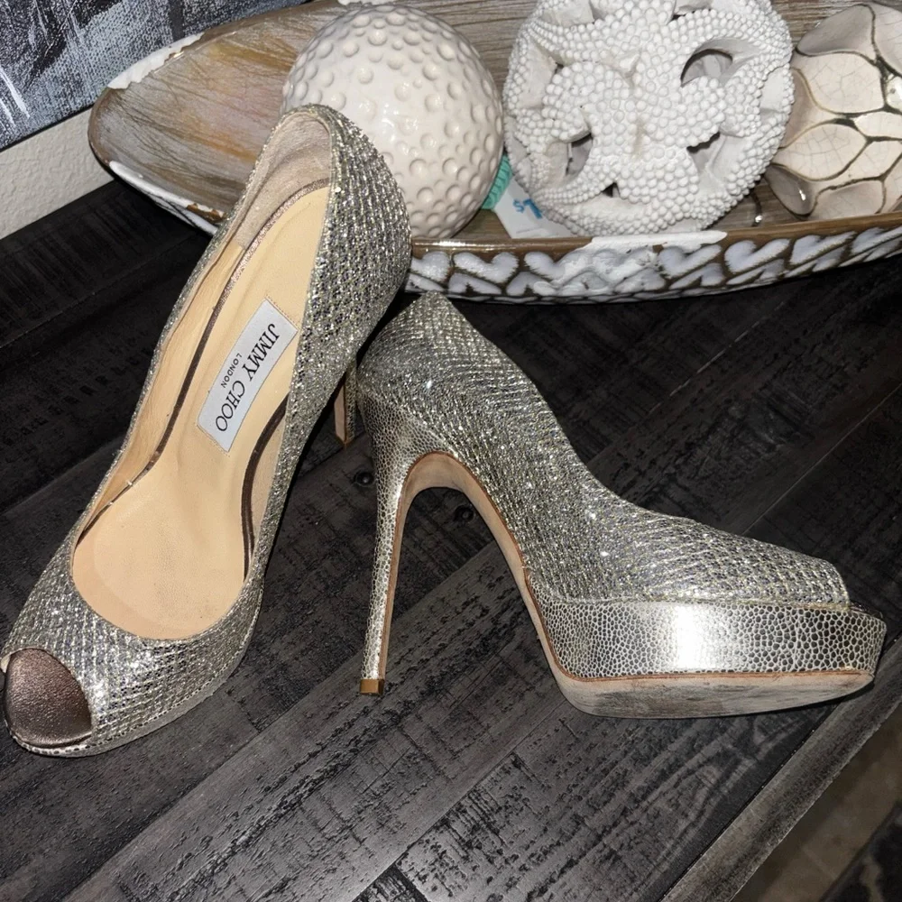 Jimmy Choo Crown  Glitter Fabric Champagne  Platform  7.5 - Picture 3 of 9